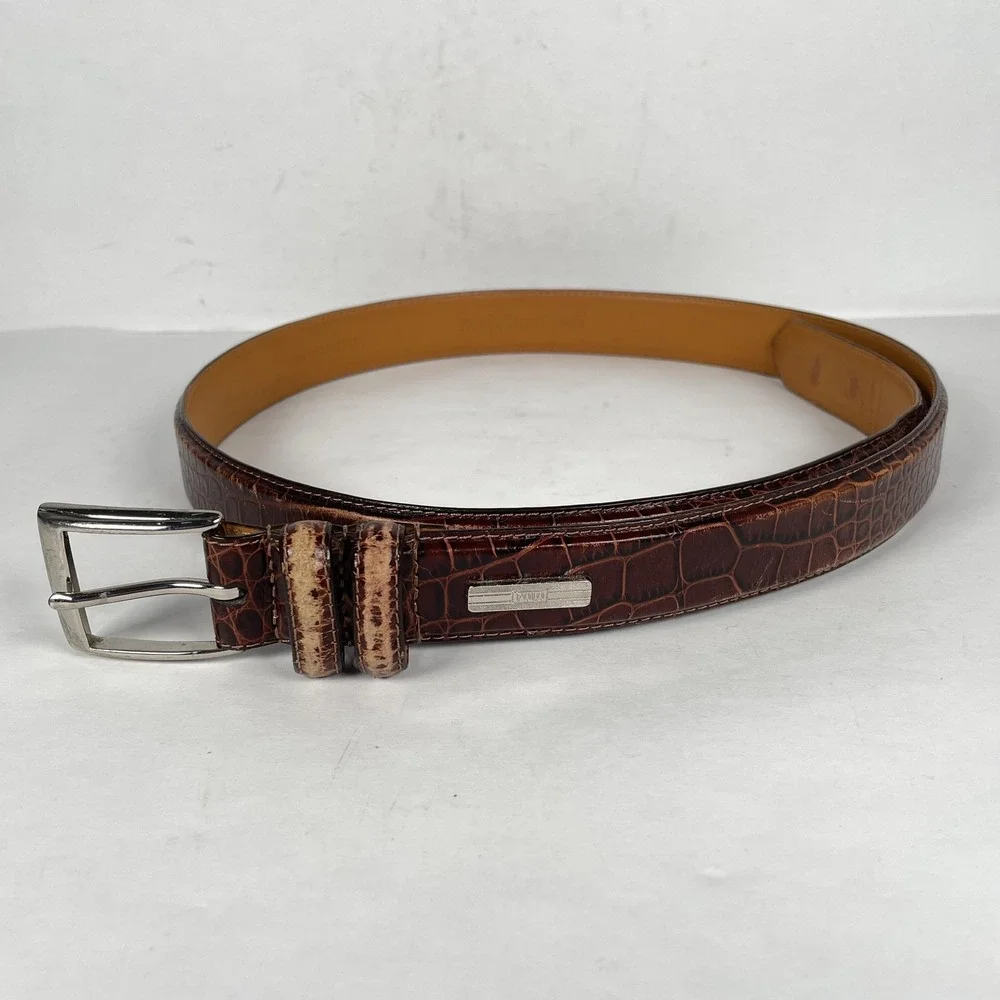 Polo Ralph Lauren Belt Mens Size 38 Brown Leather Croc Embossed Dress Classic